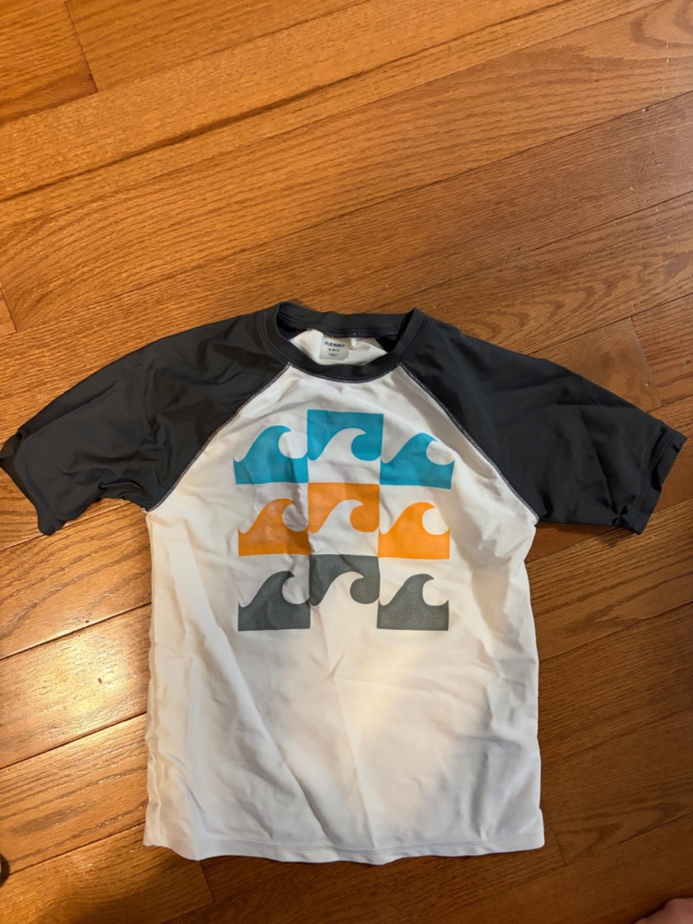 Old Navy White Rash Guard Tee with dark grey Sleeves and Blue Graphic